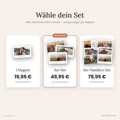 Fotomagnet Pakete: 1 Magnet, 3er-Set und 6er-Familien-Set mit Preisen